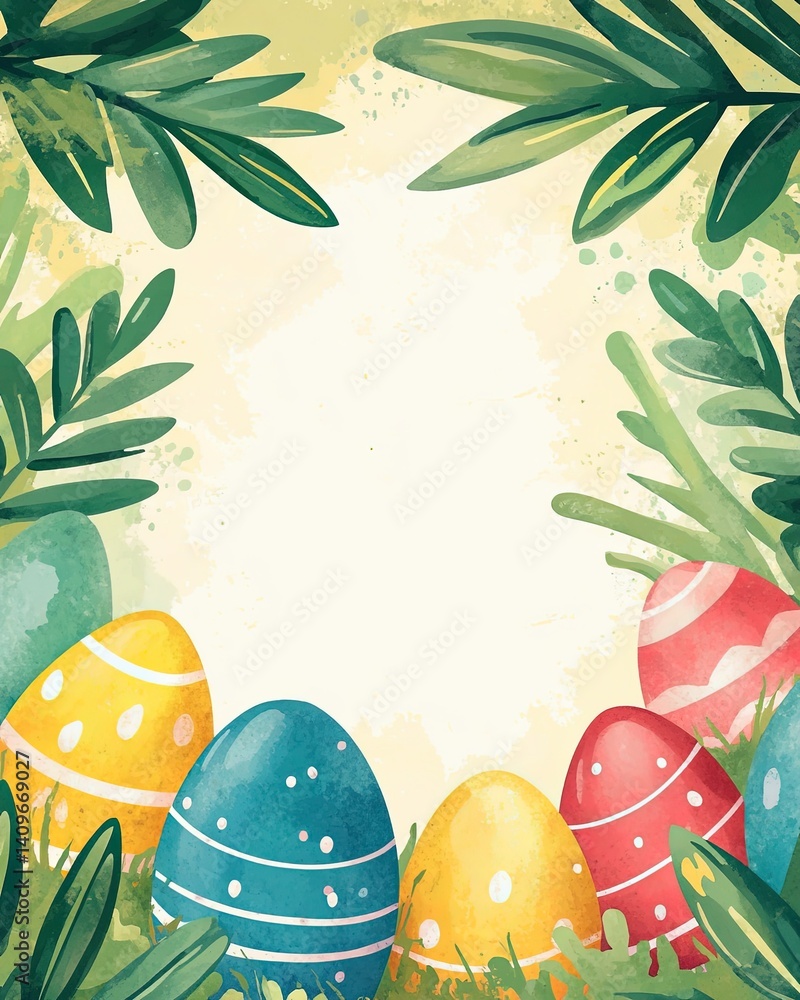 Cheerful Easter watercolor frame featuring bright, hand-painted style eggs surrounding a spacious blank area, perfect for event invitations, holiday promotions, or creative marketing designs.