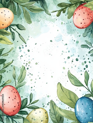 Cheerful Easter watercolor frame featuring bright, hand-painted style eggs surrounding a spacious blank area, perfect for event invitations, holiday promotions, or creative marketing designs.