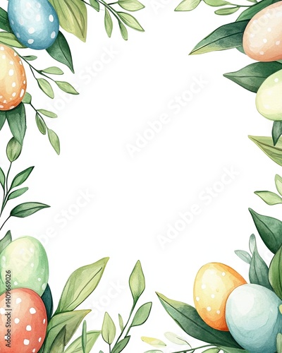 Obraz na płótnie Cheerful Easter watercolor frame featuring bright, hand-painted style eggs surrounding a spacious blank area, perfect for event invitations, holiday promotions, or creative marketing designs. w salonie