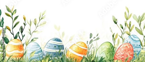 Obraz na płótnie Cheerful Easter watercolor frame featuring bright, hand-painted style eggs surrounding a spacious blank area, perfect for event invitations, holiday promotions, or creative marketing designs. w salonie