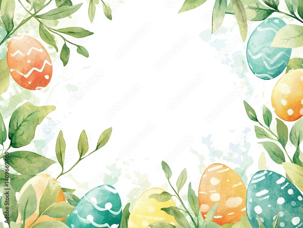 Cheerful Easter watercolor frame featuring bright, hand-painted style eggs surrounding a spacious blank area, perfect for event invitations, holiday promotions, or creative marketing designs.