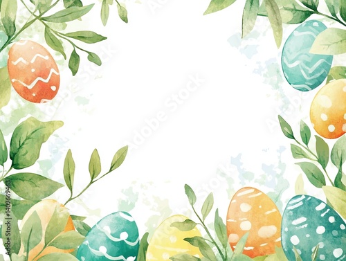 Cheerful Easter watercolor frame featuring bright, hand-painted style eggs surrounding a spacious blank area, perfect for event invitations, holiday promotions, or creative marketing designs.