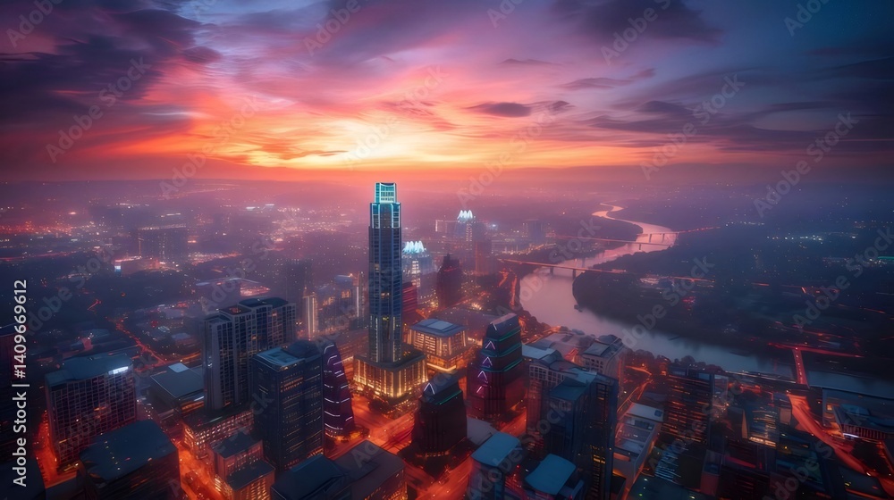 Dramatic Sunset Cityscape Overlooking Buildings And River With Vivid Orange And Red Hues Illuminating The Evening Sky Dramatic Sunset Cityscape Overlooking Buildings And River With Vivid Orange And Red Hues Illuminating The Evening Sky