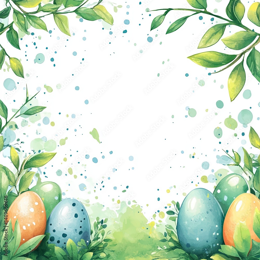 Cheerful Easter watercolor frame featuring bright, hand-painted style eggs surrounding a spacious blank area, perfect for event invitations, holiday promotions, or creative marketing designs.