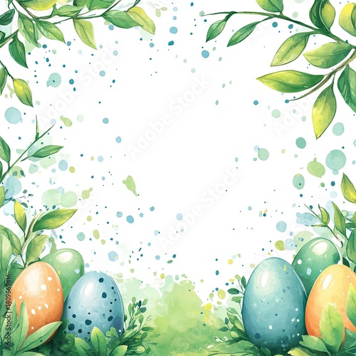 Obraz na płótnie Cheerful Easter watercolor frame featuring bright, hand-painted style eggs surrounding a spacious blank area, perfect for event invitations, holiday promotions, or creative marketing designs. w salonie