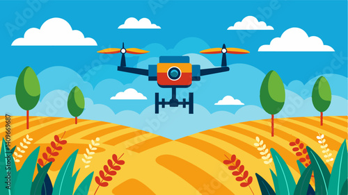 Drones equipped with IoT sensors fly over crop fields collecting data on crop health and sending alerts to the farmer if any issues are detected.. Vector illustration