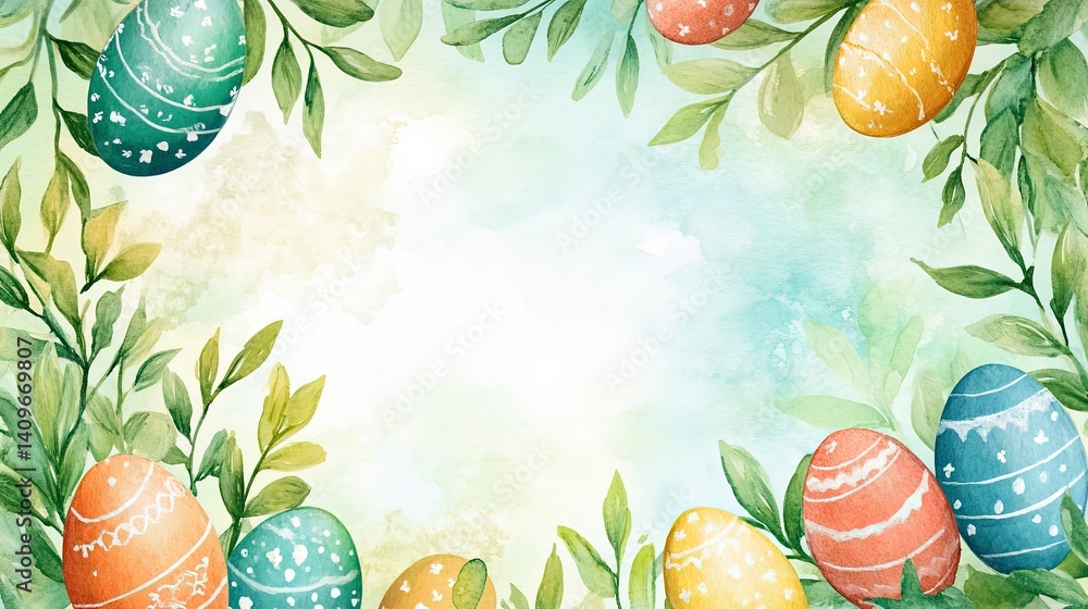 Cheerful Easter watercolor frame featuring bright, hand-painted style eggs surrounding a spacious blank area, perfect for event invitations, holiday promotions, or creative marketing designs.