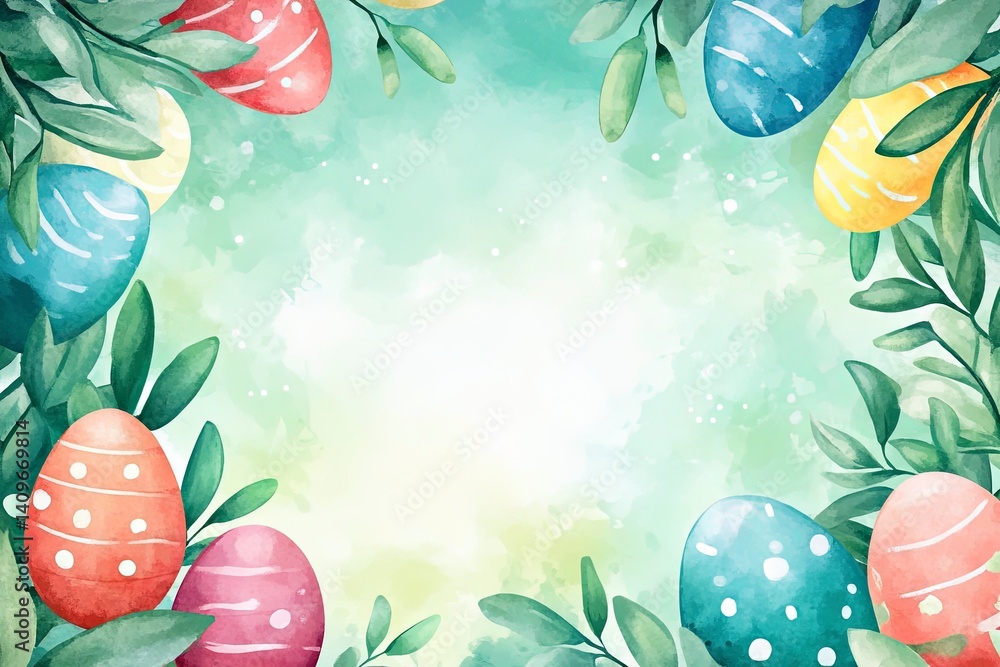 Cheerful Easter watercolor frame featuring bright, hand-painted style eggs surrounding a spacious blank area, perfect for event invitations, holiday promotions, or creative marketing designs.