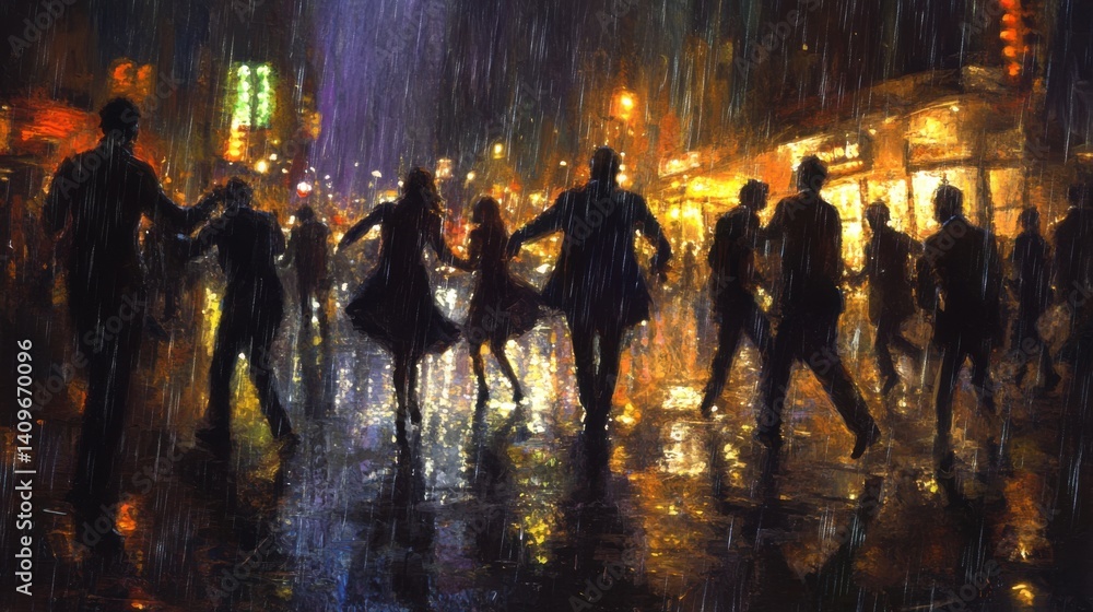 Artistic depiction of people dancing in the rain at night with city lights in the background Artistic depiction of people dancing in the rain at night with city lights in the background