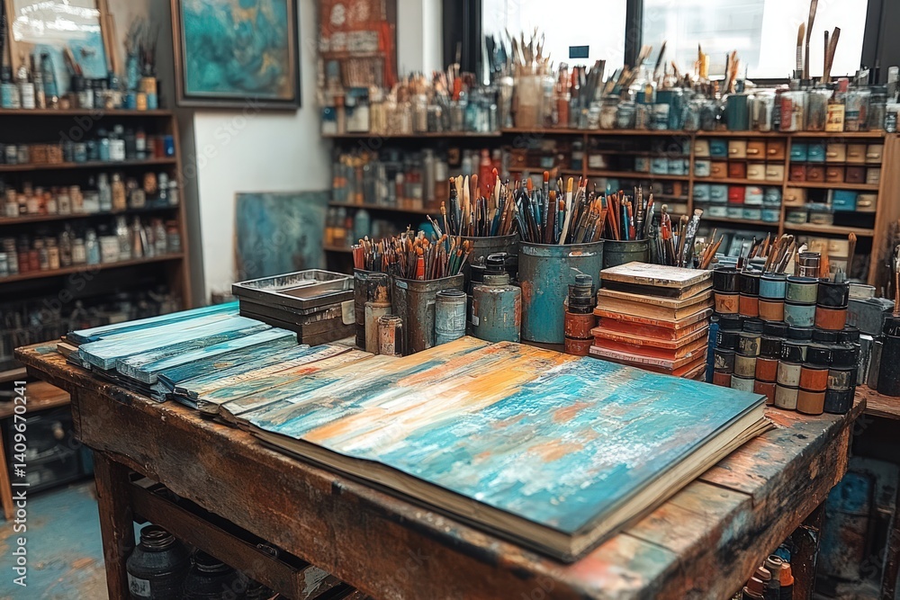 Artist's cluttered studio with paintbrushes paints and canvases on a wooden table. Artist's cluttered studio with paintbrushes paints and canvases on a wooden table.