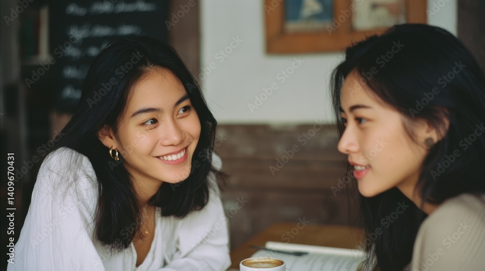 Two friends enjoy warm conversation over coffee in a cozy cafe, sharing smiles and genuine connection. Two friends enjoy warm conversation over coffee in a cozy cafe, sharing smiles and genuine connection.