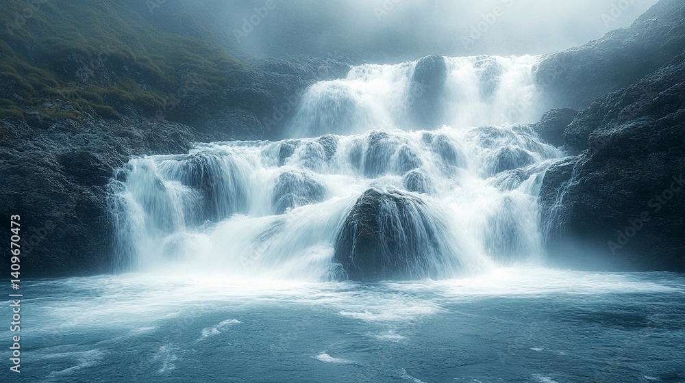 Fototapeta premium Smooth flowing water over jagged black rocks, soft white streaks from slow shutter, dramatic low-light, intimate waterfall detail 