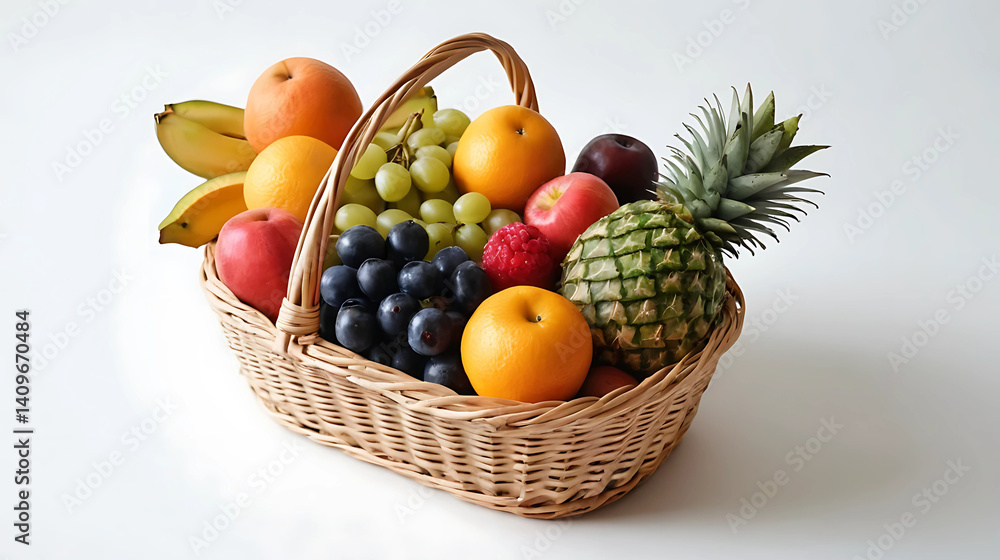 Fresh wicker basket with different fruits, white background
Fresh wicker basket with different fruits, white background