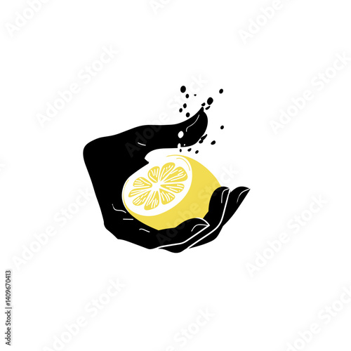 Black hand squeezing a yellow lemon with juice splash