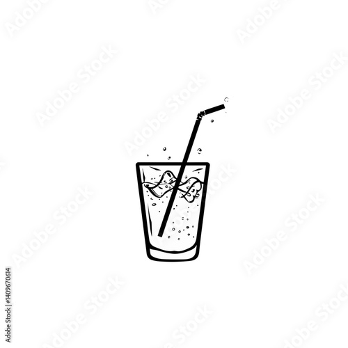 Soda drink with ice and straw icon in black and white style

