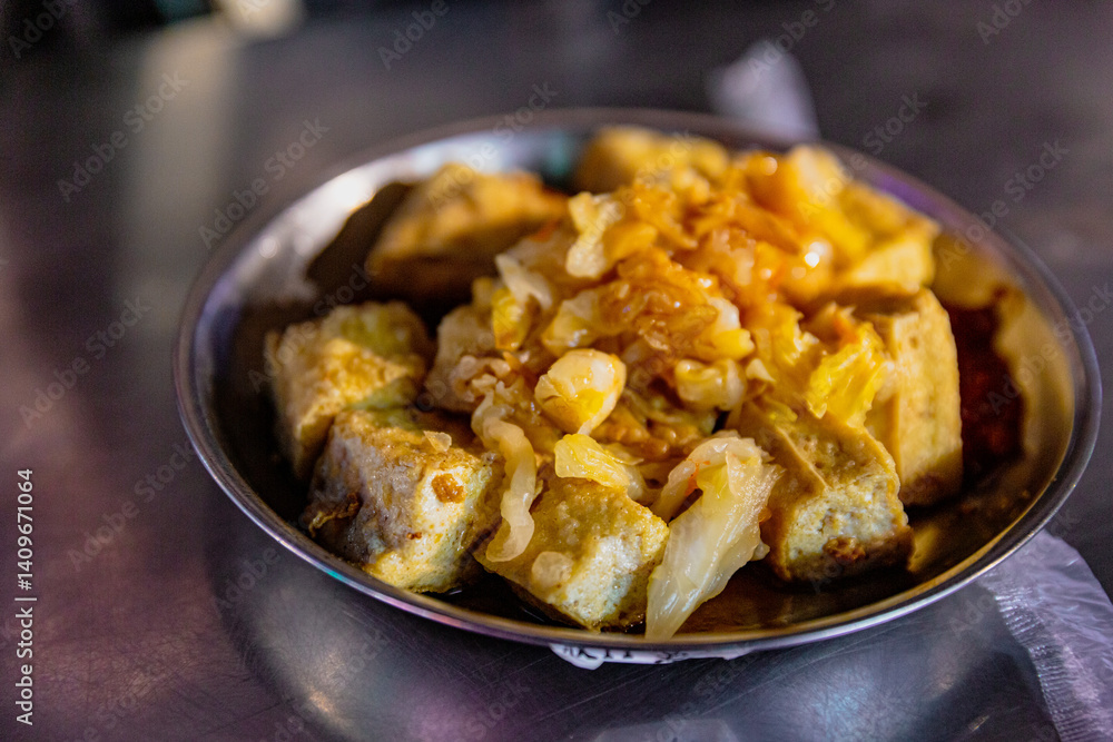 Angled view of a serving of Taiwanese stinky tofu garnished with pickled cabbage and spicy sauce, placed on a shiny metal table Angled view of a serving of Taiwanese stinky tofu garnished with pickled cabbage and spicy sauce, placed on a shiny metal table