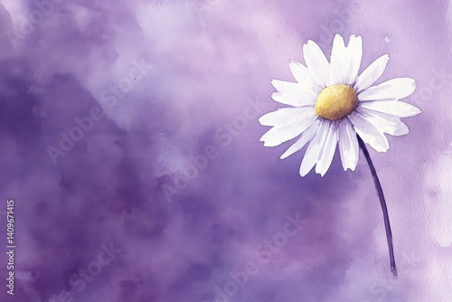 Delicate white daisy against a soft purple watercolor backdrop.