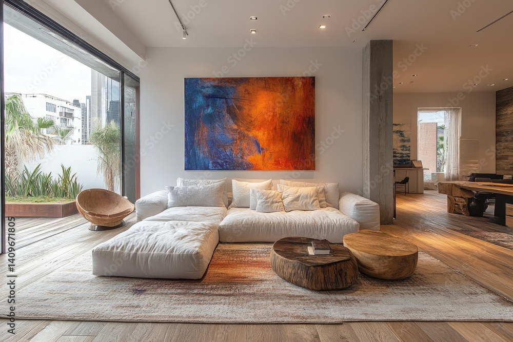 Fototapeta premium Modern living room with white sofa abstract art and large window.