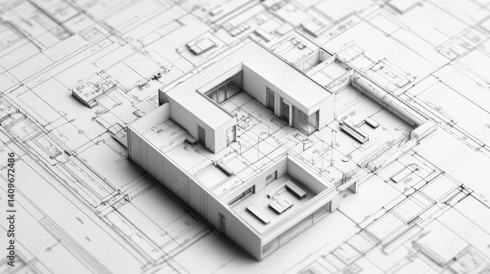 Architectural Floor Plan Model; Modern House Design on Blueprint; Digital 3D Rendering; Potential Use for Architecture Portfolio Architectural Floor Plan Model; Modern House Design on Blueprint; Digital 3D Rendering; Potential Use for Architecture Portfolio
