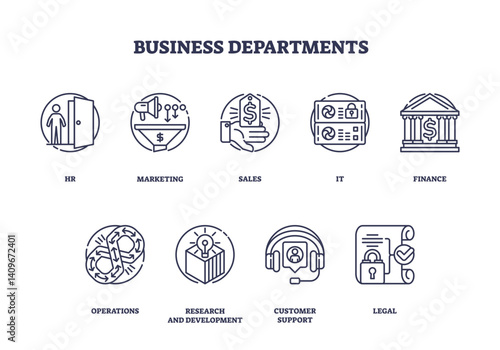 Business departments outline icons depict HR, marketing, sales, and more, transparent background. Key objects, person, dollar sign, headset. Outline icons set.