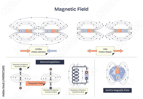 Magnetic field diagram shows interactions with arrows, magnets, and Earth, transparent background. Neubrutalism style diagram