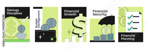 Personal finance poster with coins, dollar signs, and checklists, illustrating budgeting and growth in Neubrutalism style, transparent background.