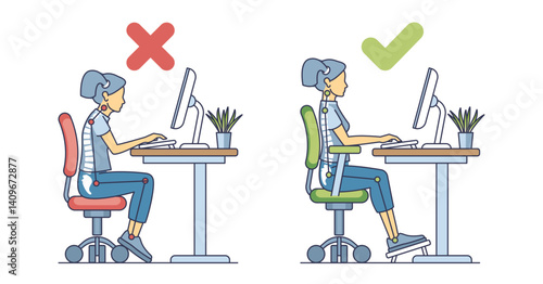 Workplace posture diagram shows correct and incorrect sitting positions with chairs and desks, transparent background.
