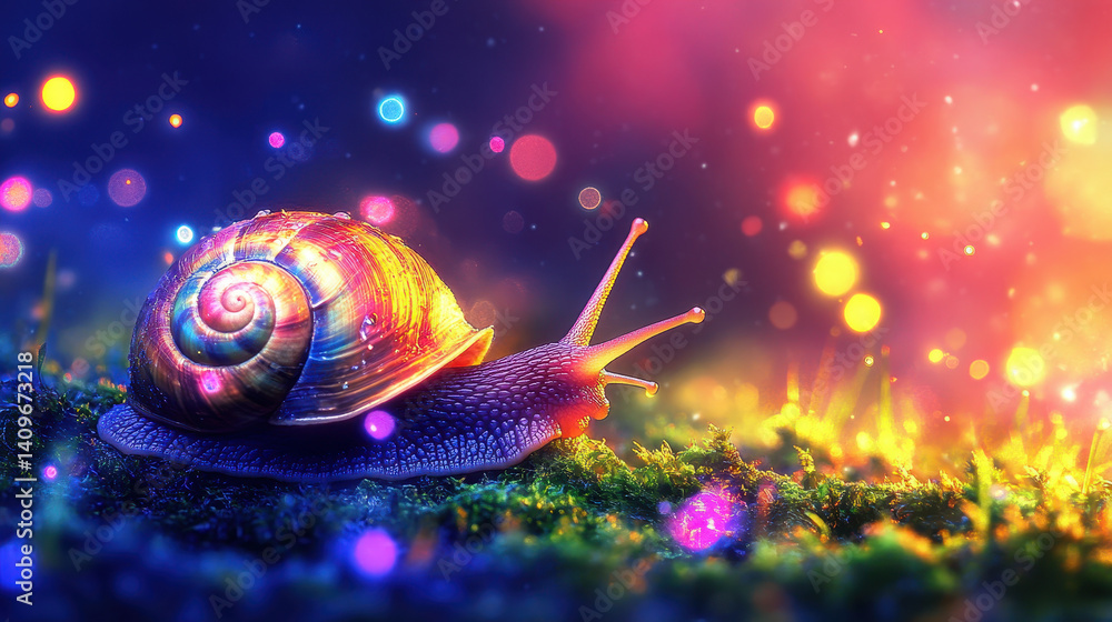 Close-up of a snail exploring a lush mossy surface under gentle natural light with vibrant greens and soft wet textures highlighting its shell Close-up of a snail exploring a lush mossy surface under gentle natural light with vibrant greens and soft wet textures highlighting its shell
