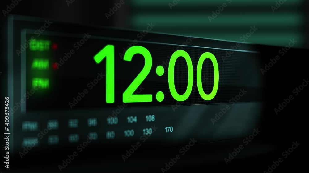 Camera pans across old digital clock as time arrives at 12 AM - Green Version Camera pans across old digital clock as time arrives at 12 AM - Green Version