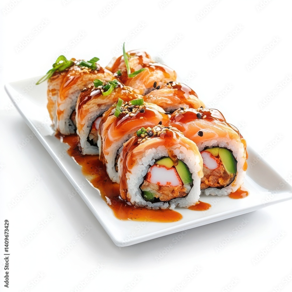 Isolated white background featuring a mini roll plate with meat and sauce. Isolated white background featuring a mini roll plate with meat and sauce.
