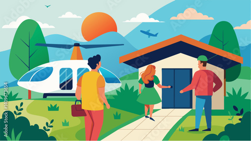 A young couple steps out of their solarpaneled ecohome and climbs aboard an eVTOL eager to explore the neighboring villages and experience sustainable living at its finest.. Vector illustration