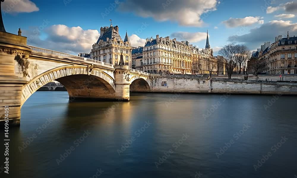Iconic bridge spans a calm river reflecting the architecture under a partly cloudy sky, showcasing the city's beauty Iconic bridge spans a calm river reflecting the architecture under a partly cloudy sky, showcasing the city's beauty