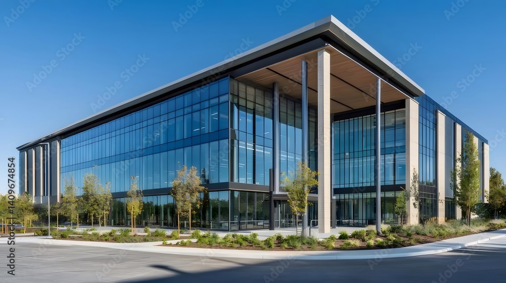 Contemporary Office Building With Glass Facade And Clear Blue Sky Background In Daytime Contemporary Office Building With Glass Facade And Clear Blue Sky Background In Daytime