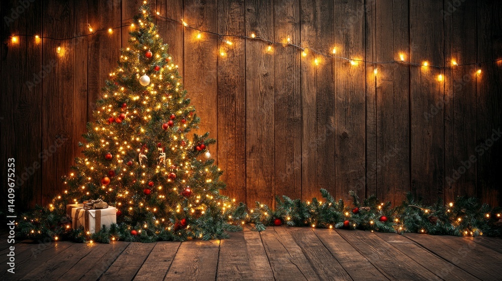 New Year's tree with garlands, gifts and wooden background, creating a festive mood. Suitable for congratulations, advertising, thematic posts. New Year's tree with garlands, gifts and wooden background, creating a festive mood. Suitable for congratulations, advertising, thematic posts.