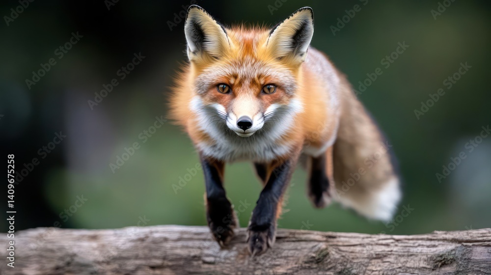 Close up shot of a red fox with black legs perched on a tree log with a blurry green and brown background. The fox stares intently at the camera, its fur orange and white, under bright daylight Close up shot of a red fox with black legs perched on a tree log with a blurry green and brown background. The fox stares intently at the camera, its fur orange and white, under bright daylight