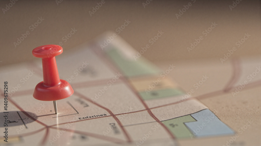 Red Push Pin on Map Marking Destination, Travel Planning, Cartography and Navigation Concept Red Push Pin on Map Marking Destination, Travel Planning, Cartography and Navigation Concept