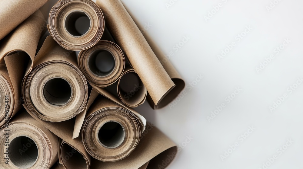 Fototapeta premium Six rolls of smooth kraft paper are stacked in a minimalist composition