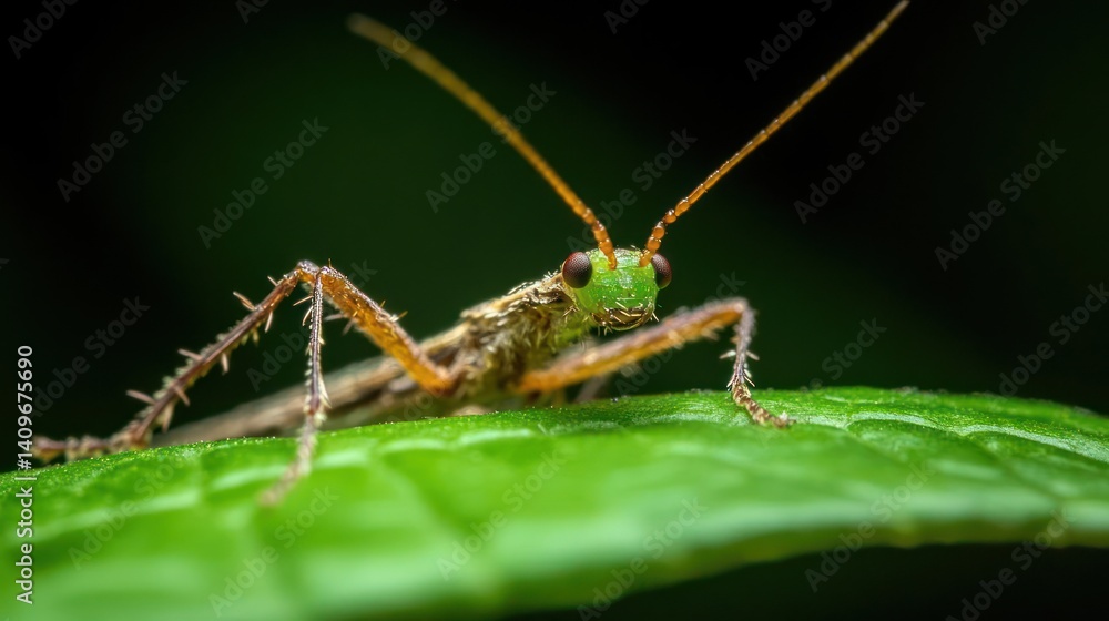 Macro shot of a brown and green grasshopper perched on a vibrant green leaf. The insect features intricate details, captured against a blurred dark green background. Highlights include the texture of Macro shot of a brown and green grasshopper perched on a vibrant green leaf. The insect features intricate details, captured against a blurred dark green background. Highlights include the texture of