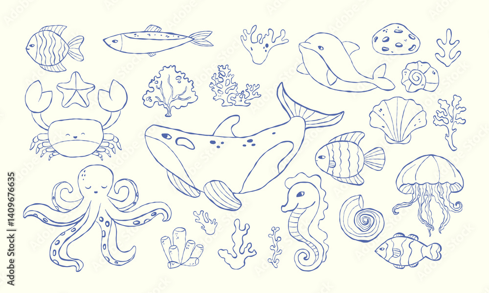 Set of hand-drawn doodles of marine animals and plants Set of hand-drawn doodles of marine animals and plants