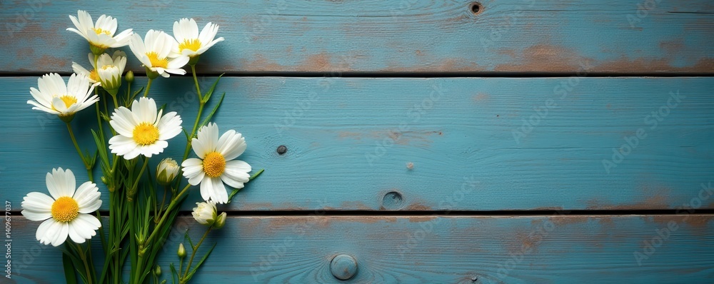 Fototapeta premium Several small white flowers scattered on weathered wooden surface , organic, floral
