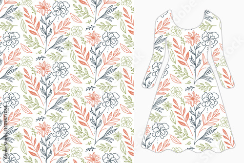 line art floral textile design for women dresses featuring leafy motifs and soft seamless botanical patterns

