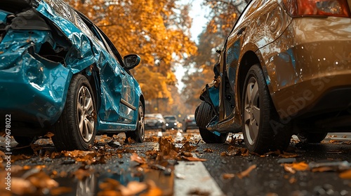Two damaged cars after a collision, autumn leaves scattered on the wet road