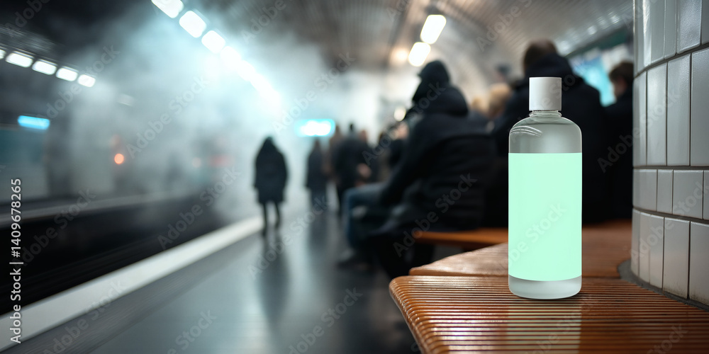 Urban Subway Station: People and Water Bottles Amidst Smoke and Lights During Night Commute Urban Subway Station: People and Water Bottles Amidst Smoke and Lights During Night Commute