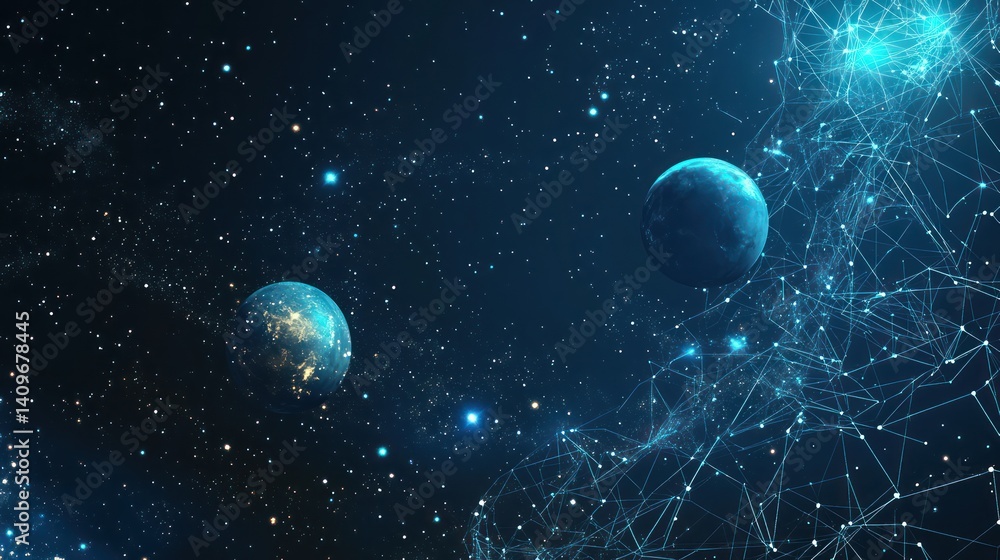 Obraz premium Networked planets in space; cosmic background; digital art; website header