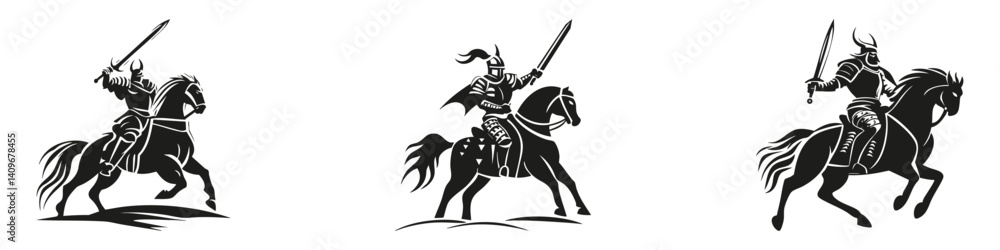 Fototapeta premium Medieval Knights On Horseback Silhouette Set. Chivalry And Valor In Battle Isolated Vector Illustration Collection