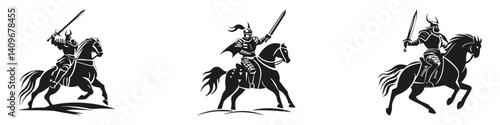 Medieval Knights On Horseback Silhouette Set. Chivalry And Valor In Battle Isolated Vector Illustration Collection