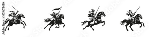 Medieval Knights On Horseback Silhouette Set. Historical Warfare And Chivalry Themes Isolated Vector Illustration Collection