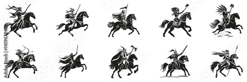 Medieval Warriors On Horseback Silhouette Set. Historical Combat And Cavalry Illustration Collection