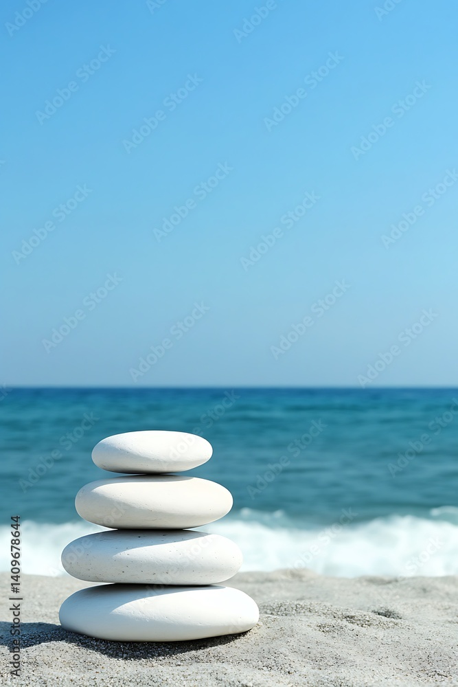 Stacked white stones on beach, calm sea, clear sky. Possible use meditation, relaxation, calm Stacked white stones on beach, calm sea, clear sky. Possible use meditation, relaxation, calm