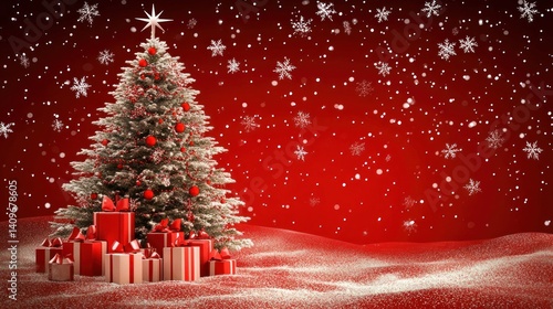 a festive christmas scene featuring a decorated christmas tree adorned with red ornaments and presents against a red backdrop with falling snow creating a magical and warm holiday atmosphere